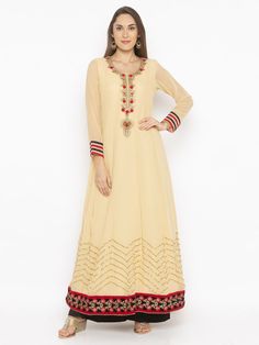 Beige Full Length Georgette Kalidar Kurta With Full Sleeves Gold Gota Patti Detailing In Hemline With Embroidery In Hemline.. Hand Embroidery Around Neck Patti And Contrast Detailing On Sleeves Edge Worn With Black Palazzo. Salwar Kameez, Brown Color, Party Wear