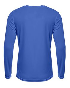 the back of a blue long sleeved shirt with an open collar and cuffs on it