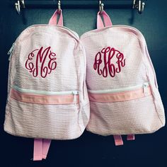 Embroidered Monogram Kids Seersucker Backpack Preppy Personalized Bags For Everyday Use, Personalized Preppy Bags For Everyday Use, Monogram Rectangular School Bag, Boys Backpacks, Embroidery Monogram, Monogram Styles, Embroidery Ideas, First Name, Custom Monogram