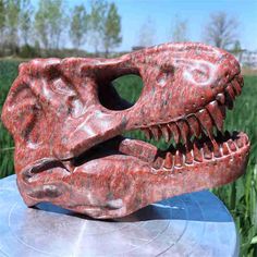 a red dinosaur skull sitting on top of a blue object in front of green grass