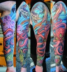 some tattoos that have different designs on their arms and legs, with an octopus in the middle