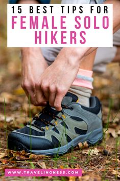 A girl leaning down to toe the laces on her hiking boots while out on a hiking trail solo. Functional High-top Walking Shoes For Hiking, Sporty Non-slip Walking Shoes For Hiking, Hiking For Beginners Woman, Functional High-top Trail Running Shoes For Hiking, Breathable High-top Hiking Boots For Trail Running