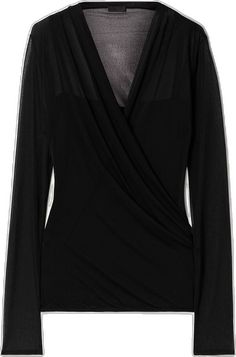 Elegant Wrap Top For Layering, Elegant Mesh Top With Sheer Sleeves, Elegant Draped Tops For Layering, Elegant Black Fitted Wrap Top, Elegant Long Sleeve Wrap Top, Sleek Sheer Top For Evening, Sleek Sheer Tops For Evening, Elegant Black Wrap Top For Night Out, Elegant Evening Mesh Top With Sheer Sleeves