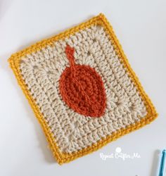 a crocheted square with a pomegranate on it next to two knitting needles