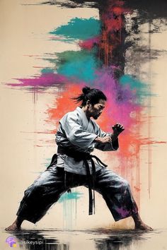 a painting of a man doing karate moves