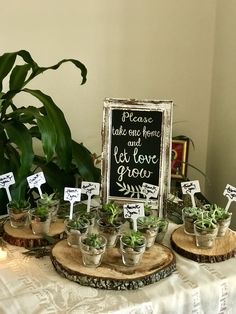 a table topped with potted plants next to a chalkboard