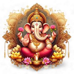 an image of the god ganesha with flowers on it's head and eyes