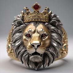 The image shows a lion wearing a crown, which is a fashion accessory. The crown appears to be made of brass, gold, and jewels, adding to its regal appearance. Men's Ring, Ring Men, Mens Ring, Men Ring, Lion Jewelry, Lion Rings For Men Gold, Lion Ring Gold Men, Gold Lion Ring, Lion Jewellery