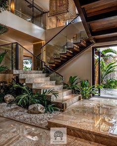 a staircase in the middle of a living room with plants and rocks on the floor