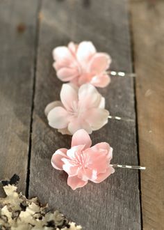 "These pretty flower bobby pins feature blush pink blossoms. -- set of two silver tone bobby pins -- measures about 1\" -- handmade with ♡ by me -- leaves my studio in 1-2 weeks shop www.gardensofwhimsy.com | social media @gardensofwhimsy" Cheap Elegant Flower Pins, Cherry Blossom Party, Pink Flower Hair Clip, Flower Bobby Pins, Pink Flower Hair, Pink Hair Clips, Wedding Barrettes, Floral Hair Clip, Blush Flowers