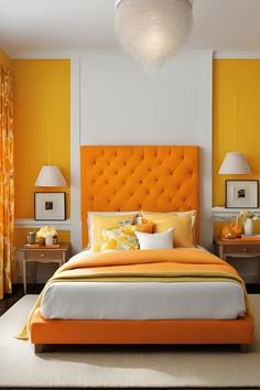 an orange and white bedroom with yellow accents