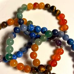 Chakra Beads Bracelet, Crystal Chakra, Chakra Beads, Orange Calcite, Lapis Blue, Blue Sodalite, Blue Lapis, Tigers Eye, Beaded Stretch Bracelet