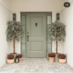 two potted plants sit in front of a green door on a white brick building