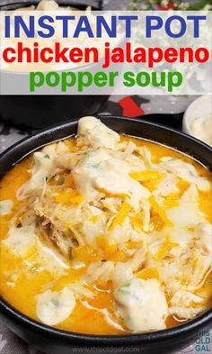 instant pot chicken jalapeno popper soup in a black bowl with text overlay