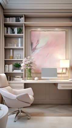 a white chair sitting in front of a desk with a laptop on it