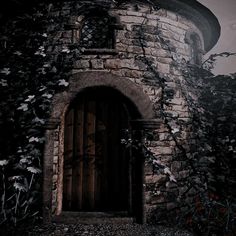 an old stone tower with a wooden door and ivy growing on it