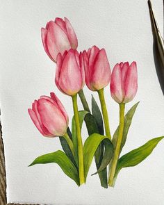 a painting of pink tulips on a white paper with a black pen next to it