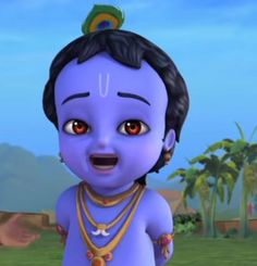 an animated image of a little boy dressed in blue and wearing gold jewelry, with palm trees in the background