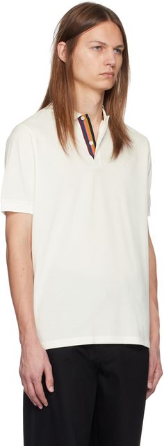 Cotton piqué polo. · Rib knit spread collar and cuffs · Concealed striped trim at two-button placket · Tennis-tail hem Supplier color: White Paul Smith, Collar And Cuff, Button Placket, Rib Knit, Tennis, Color White, Top Brands, Great Deals, Trim