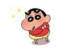 a cartoon character with black hair wearing a red shirt and yellow skirt, standing in front of stars