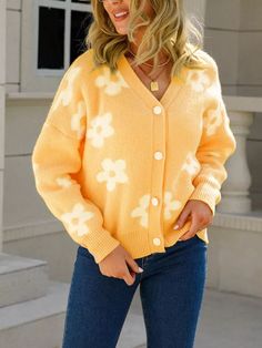 US$ 44.98 - Women's Sweater Cardigan Floral Pattern V-Neck Button Down Knitted Sweater - www.zicopop.com Multicolored Sweater, Summer Beach Dress, Yellow Cardigan, Raglan Pullover, Floral Cardigan, Cardigan Top, Pearl Buttons, Floral Style, Knitted Sweater