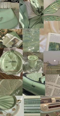 a collage of photos with green items in them and the words chanel on it