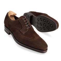 WINGTIP DERBY SHOES IN BROWN SUEDE Classic Suede Closed Toe Sneakers, Classic Suede Sneakers With Closed Toe, Classic Brown Closed Toe Sneakers, Shoes Board, Cordovan Shoes, Wingtip Shoes, Shoes Collection, Derby Shoes, Handmade Shoes