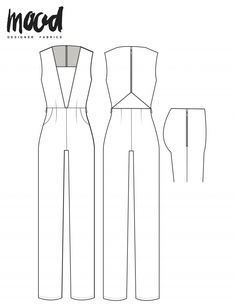 the front and back view of a jumpsuit sewing pattern, with one side cut out