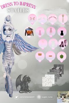 the dress to impress status is displayed in front of a gray background with pink and white designs