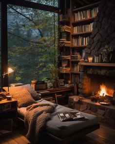 a living room with a fire place and bookshelves