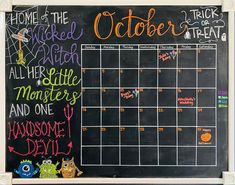 a blackboard with chalk writing on it and an image of the calendar for october