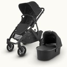 a baby stroller next to an infant car seat on a white background, with the child's pram attached