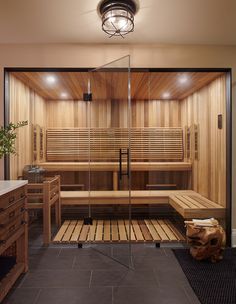 a large wooden sauna in a bathroom