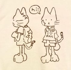 two cartoon cats are standing next to each other and one is holding a cell phone