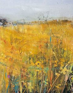 an oil painting of yellow flowers in a field