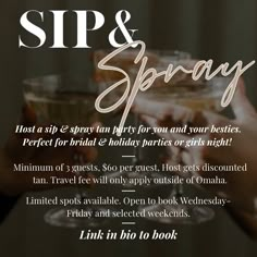 The holiday season is here! Which means, giving thanks and spending quality time with your friends and family!❤️ Host a Sip & Spray party for all of your special occasions! -Friendsgiving🦃 -Christmas parties🎄 -Bridal parties💍 -Girls night🥂 Minimum of 3 guests, $60 per guest, host gets discounted tan. Travel fee will only apply outside of Omaha. Limited spots available, open Wednesday-Friday and selected weekends. LINK IN BIO TO BOOK📲 • • • #sunlesstanning #esthetician #omahanebraska #omahat... Christmas Spray Tan, Salon Discount Ideas, Tanning Room Decor, Spray Tan Party, Spray Tan Business Marketing, Bronze Blonde, Spa Advertising, Microblading Business