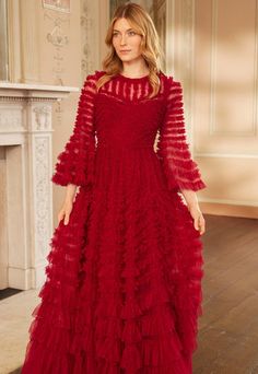 La Vie En Rose Round Neck Gown – Red | Needle & Thread Tulle Ruffles, Vintage Long Dress, Ballerina Dress, Short Gowns, Nature Collection, Needle Thread, Elegant Dresses For Women, Beautiful Clothes, Layered Skirt