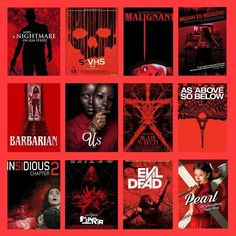 various movie posters are shown on a red background