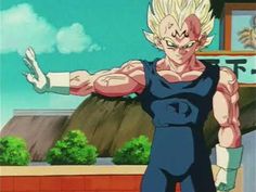 an animated image of gohan with his arms out in front of the viewer's eyes