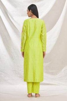 Shop for Rajat and Shraddha Green Silk Chanderi Summer Garden Embroidered Kurta Set for Women Online at Aza Fashions Green Traditional Wear With Dori Work For Spring, Summer Straight Kurta Pant Set With Resham Embroidery, Chinon Straight Kurta Sets With Resham Embroidery, Green Traditional Wear With Spring Drape, Green Traditional Wear For Spring, Straight Kurta Pant Set With Resham Embroidery, Green Straight Kurta Sets With Embroidered Neckline, Yellow Floral Embroidered Straight Kurta Set, Garden Set