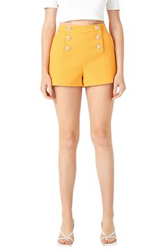 Sail into shorts season in this chic pair fastened with a double row of bold golden buttons for a polished, nautical-inspired look. Lined 97% polyester, 3% spandex Hand wash, dry flat Imported Chic High-waisted Button Closure Shorts, Chic Shorts With Button Closure For Work, Chic Workwear Shorts With Button Closure, Trendy Workwear Shorts With Button Closure, High-waisted Shorts For Work With Button Closure, Workwear Shorts With Button Closure, Outfit With Shorts, Sailor Outfit, Sailor Shorts