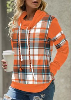 Color:Orange;Size:S;Size:M;Size:L;Size:XL;Size:XXL;Package Contents:1 X Sweatshirt;Occasion:Casual;Style:Casual; Minimalist Winter, Plaid Hoodie, Cowl Neck Sweatshirt, Winter Pullover, Cowl Neck Long Sleeve, Printed Drawstring, Clothing Size Chart, Womens Clothing Sizes, Pullover Sweatshirts