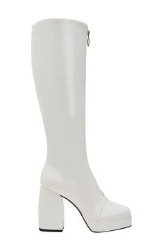 A gleaming front zipper accentuates the retro-chic profile of a knee-high boot grounded by a chunky heel and platform. 4" heel; 3/4" platform 15" shaft Cushioned footbed Synthetic upper and lining/synthetic and rubber sole Imported Trendy Wide Calf Platform Boots With Zipper, Chic Knee-high Boots With Block Heel And Zipper Closure, Chic Platform Boots With Block Heel And Zipper Closure, Chic Platform Boots With Block Heel And Zipper, Evening Knee-high Heeled Boots With Zipper Closure, Evening Knee-high Heeled Boots With Zipper, Retro Chic, Katy Perry, Chunky Heel