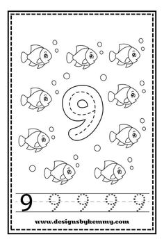 the number nine coloring page with fish and bubbles for kids to learn how to write numbers