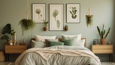 a bedroom with green walls and plants on the wall above the bed, along with two hanging planters