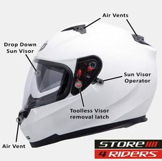 the parts of a motorcycle helmet are shown in this image, including an air vent and sun visor