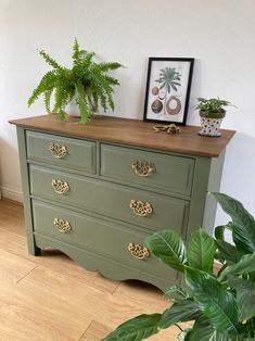 a green dresser with some plants on top and a potted plant next to it