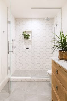 a white tiled bathroom with wooden cabinets and plants in the shower stall, along with a marble countertop