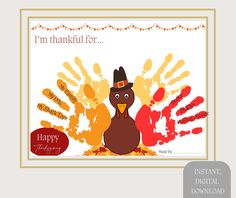 a thanksgiving card with a turkey and handprints