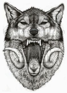 a drawing of a wolf with its mouth open and two horns in front of it